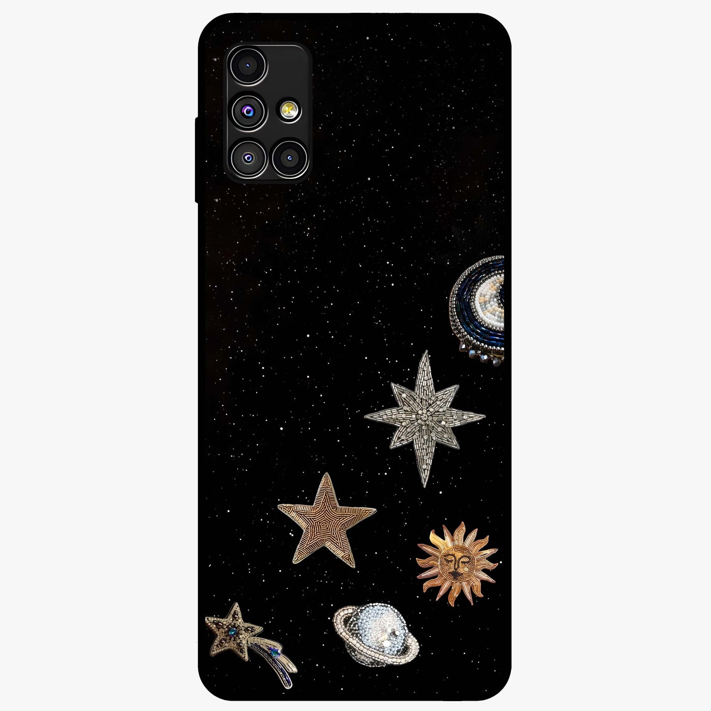 Galactic Charm Glow Glass Case showing flat back view with glowing celestial charm artwork and glossy glass finish.