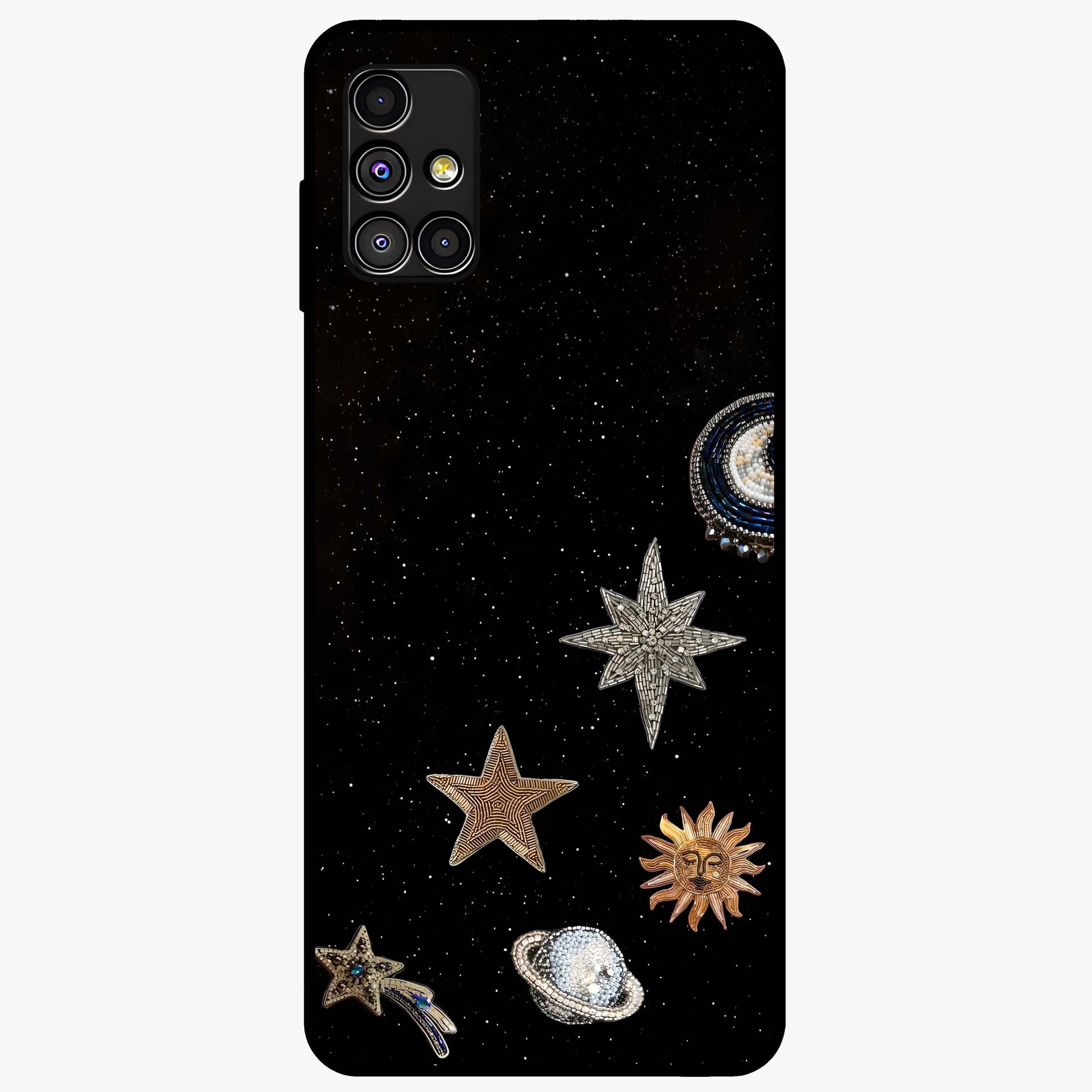 Galactic Charm Glow Glass Case showing flat back view with glowing celestial charm artwork and glossy glass finish.