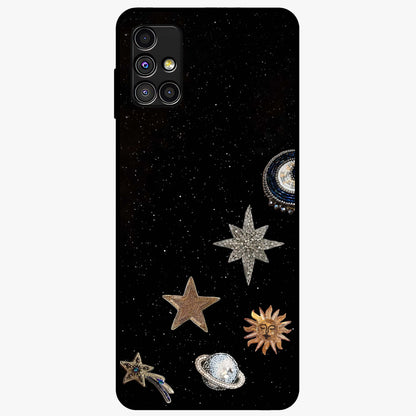 Galactic Charm Glow Glass Case showing flat back view with glowing celestial charm artwork and glossy glass finish.