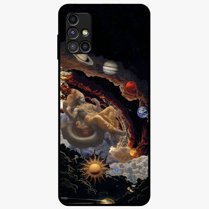 Galactic Divine God Glass Case showing flat back view with divine cosmic themed artwork and glossy glass finish.