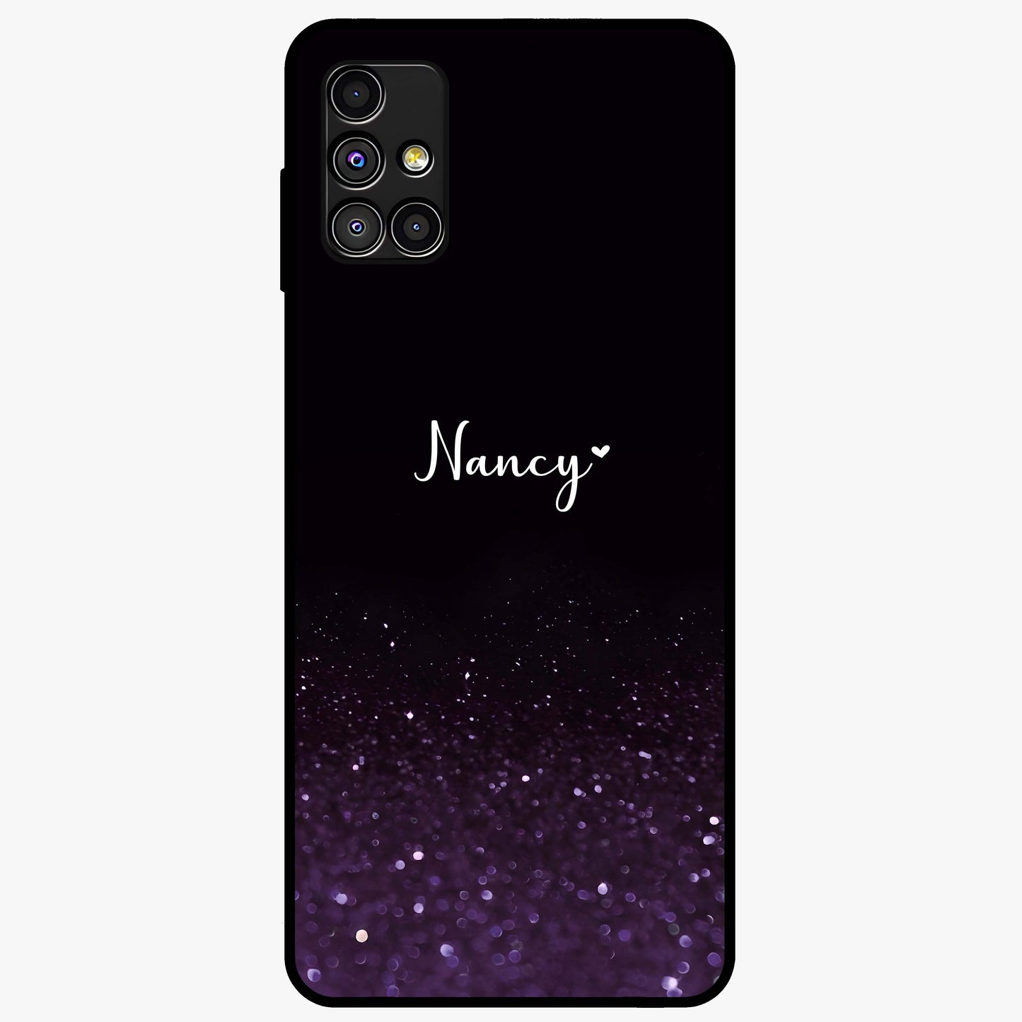 Glittery Purple Bokeh Custom Name Glass Case showing flat back view with purple bokeh sparkle artwork and personalized name design.