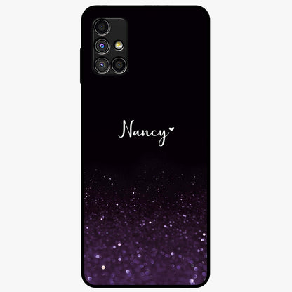 Glittery Purple Bokeh Custom Name Glass Case showing flat back view with purple bokeh sparkle artwork and personalized name design.