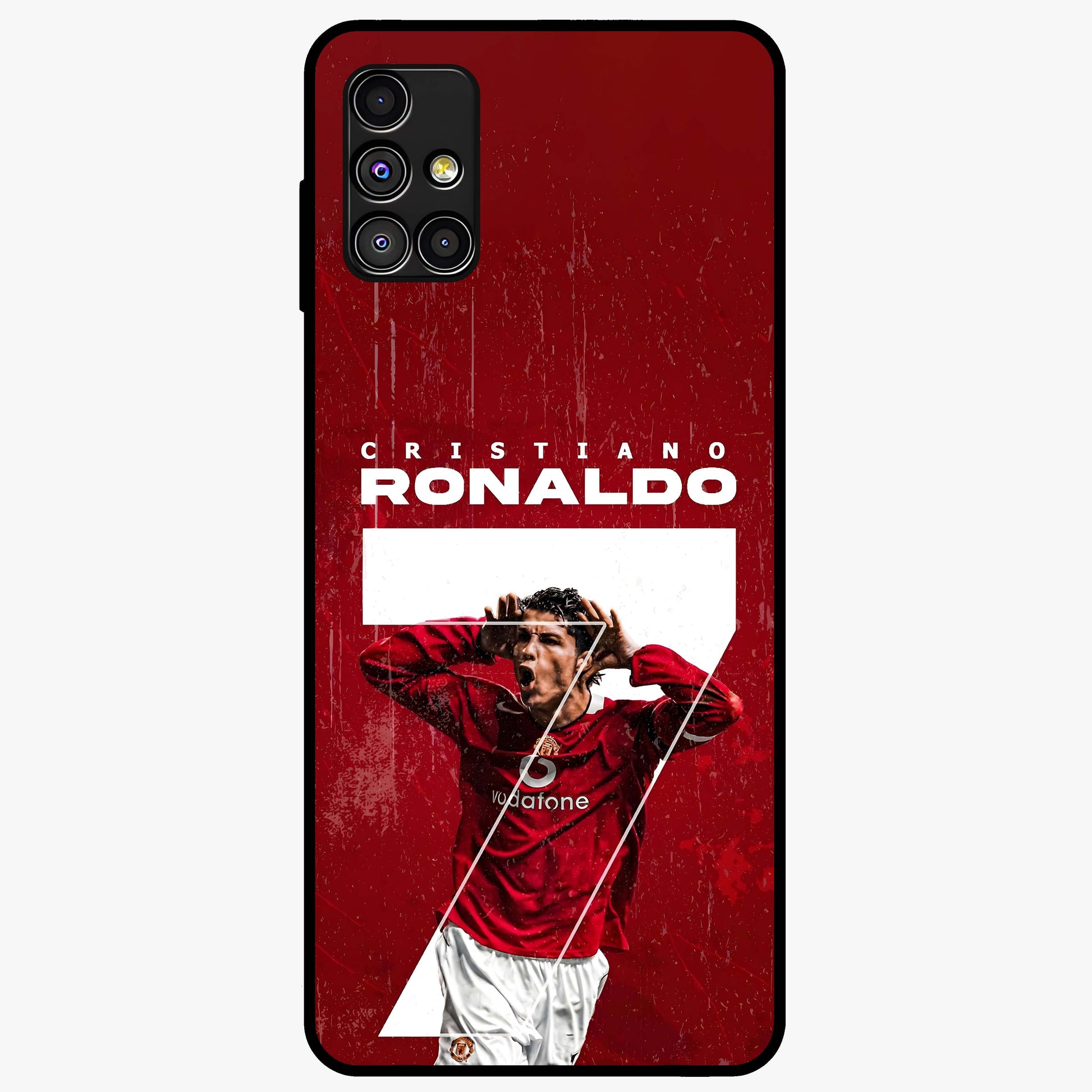 Goal Celebration Legacy Glass Case showing flat back view with football celebration inspired artwork and glossy glass finish.