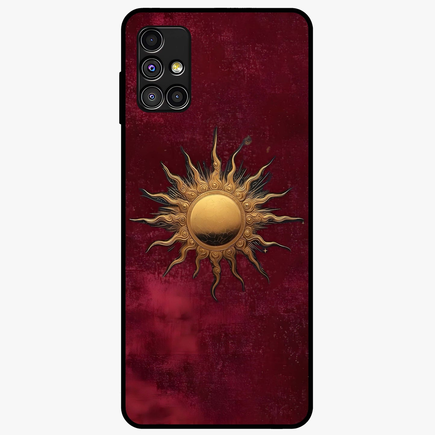 Gold Sun Blush Glass Case showing flat back view with golden sun inspired artwork and glossy glass finish.
