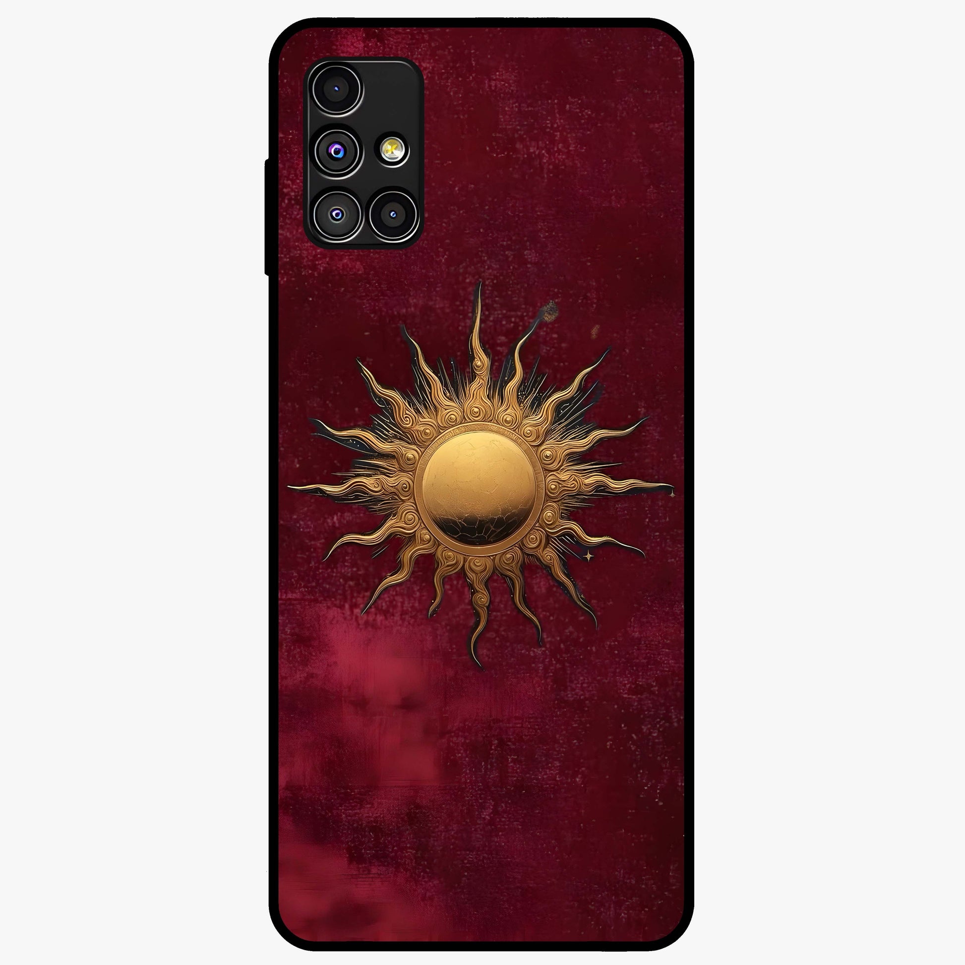 Gold Sun Blush Glass Case showing flat back view with golden sun inspired artwork and glossy glass finish.