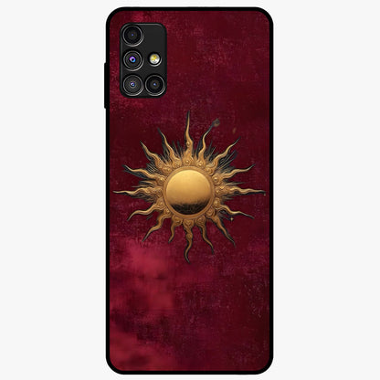 Gold Sun Blush Glass Case showing flat back view with golden sun inspired artwork and glossy glass finish.