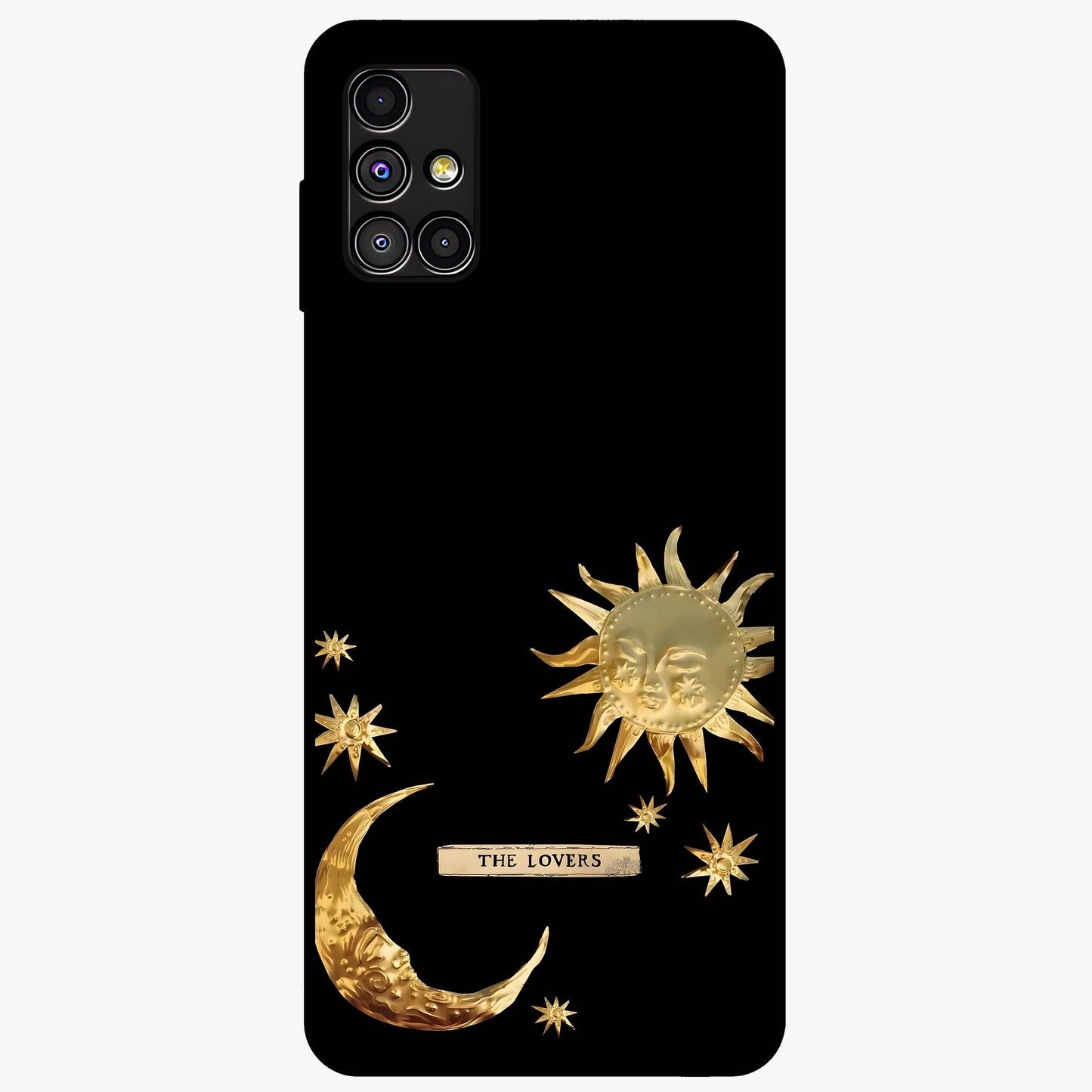 Golden Celestial Charm Glass Case showing flat back view with golden celestial charm artwork and glossy glass finish.