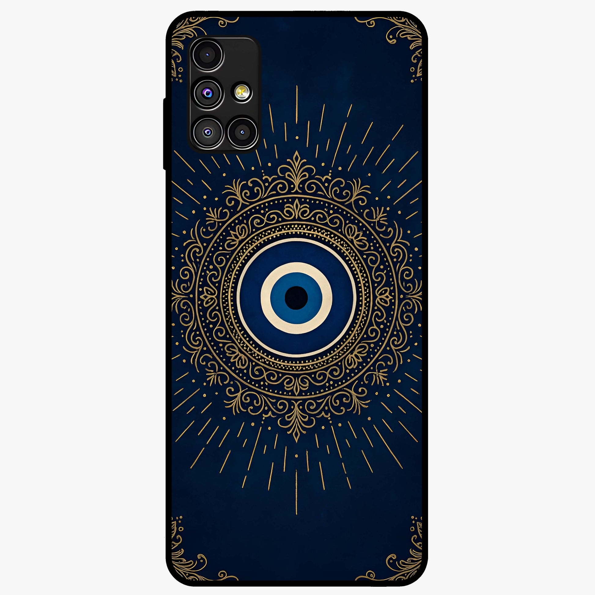Golden Evil Eye Mandala Glass Case showing flat back view with intricate evil eye mandala artwork and glossy glass finish.