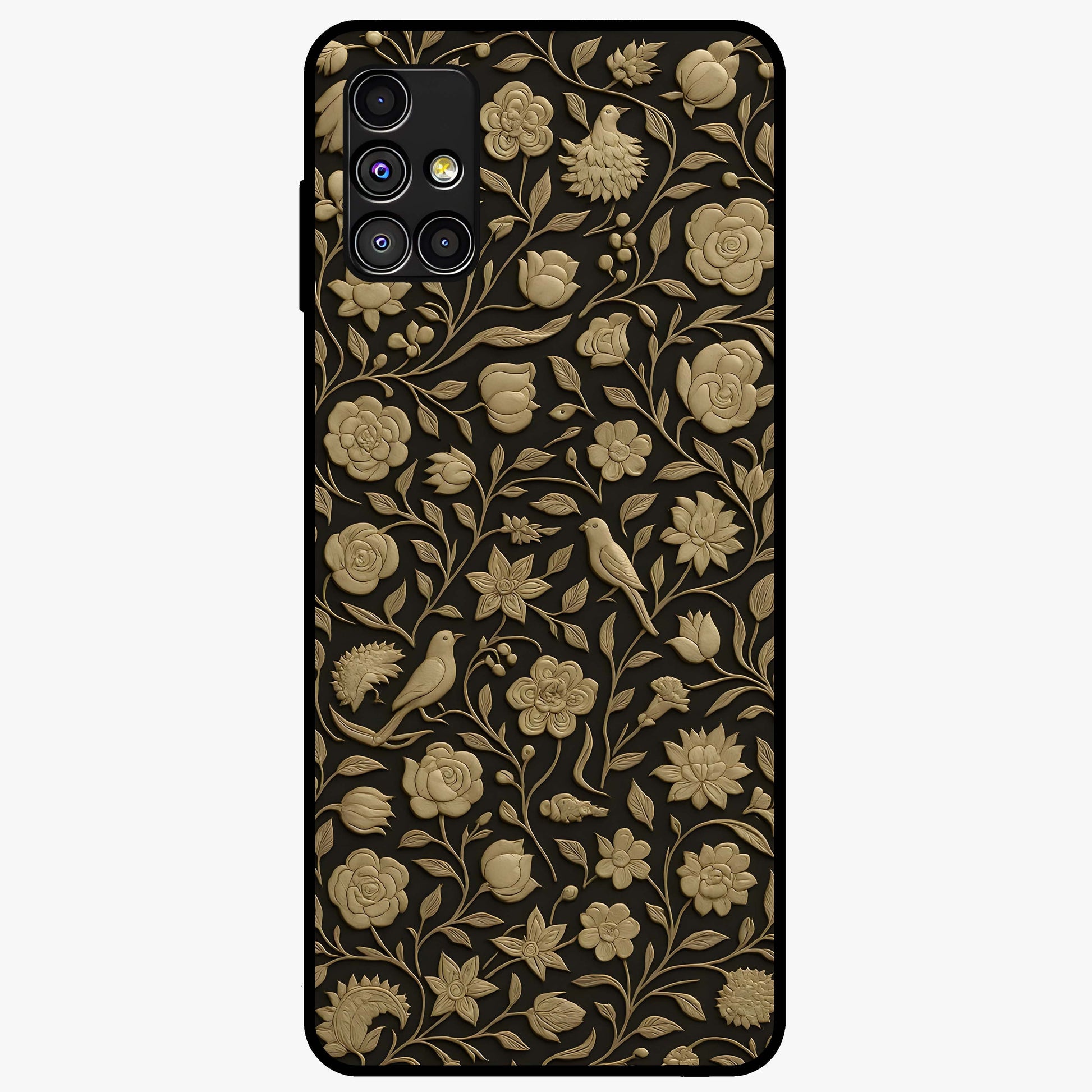 Golden Floral Majesty Glass Case showing flat back view with luxurious golden floral artwork and glossy glass finish.