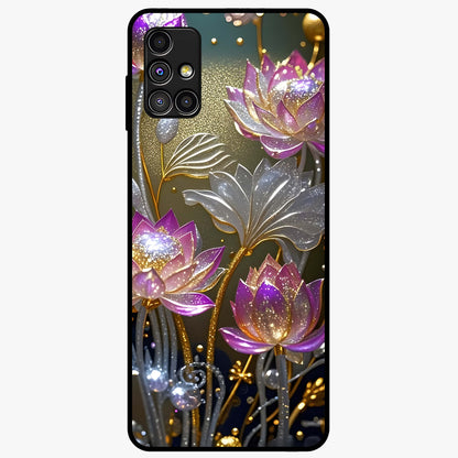 Golden Lotus Glow Glass Case showing flat back view with glowing lotus flower artwork and glossy glass finish.
