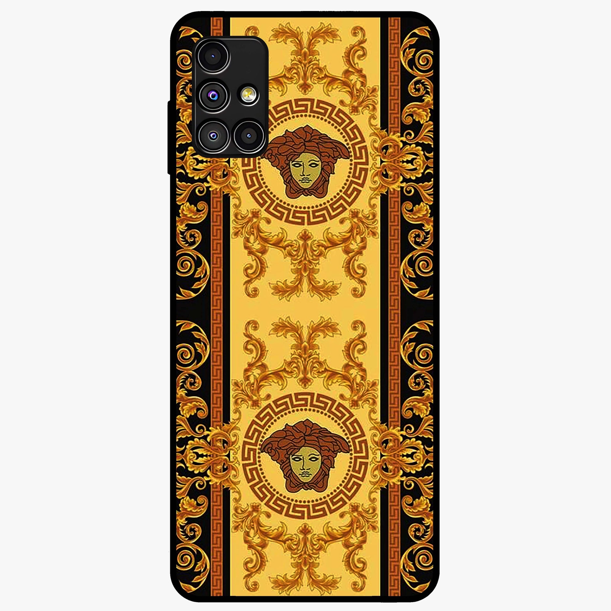 Golden Royal Heritage Glass Case showing flat back view with ornate royal pattern artwork and glossy glass finish.