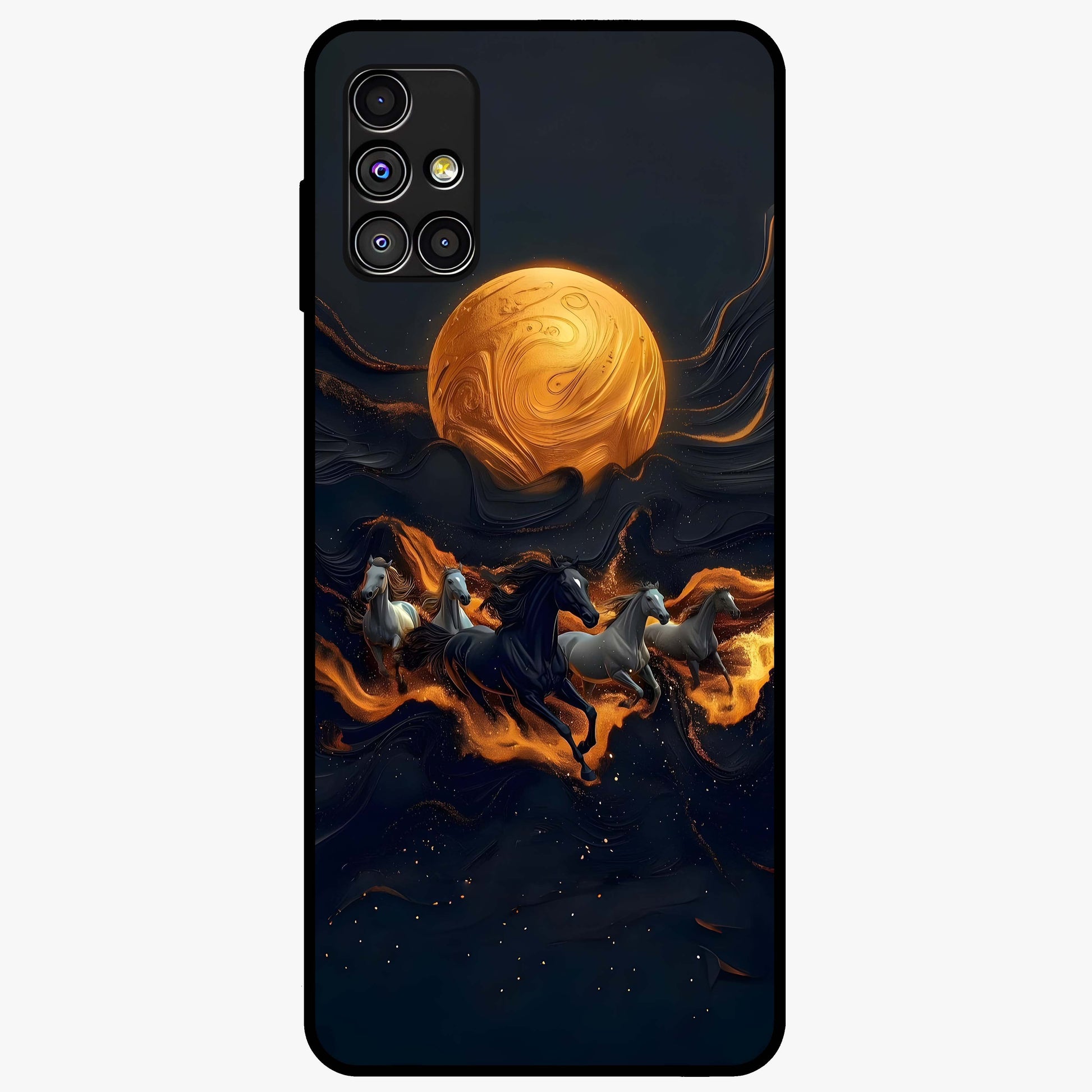 Golden Stallion Moonride Glass Case showing flat back view with majestic horse under moonlight artwork and glossy glass finish.