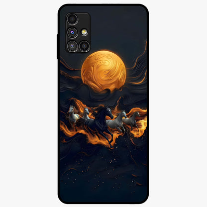 Golden Stallion Moonride Glass Case showing flat back view with majestic horse under moonlight artwork and glossy glass finish.