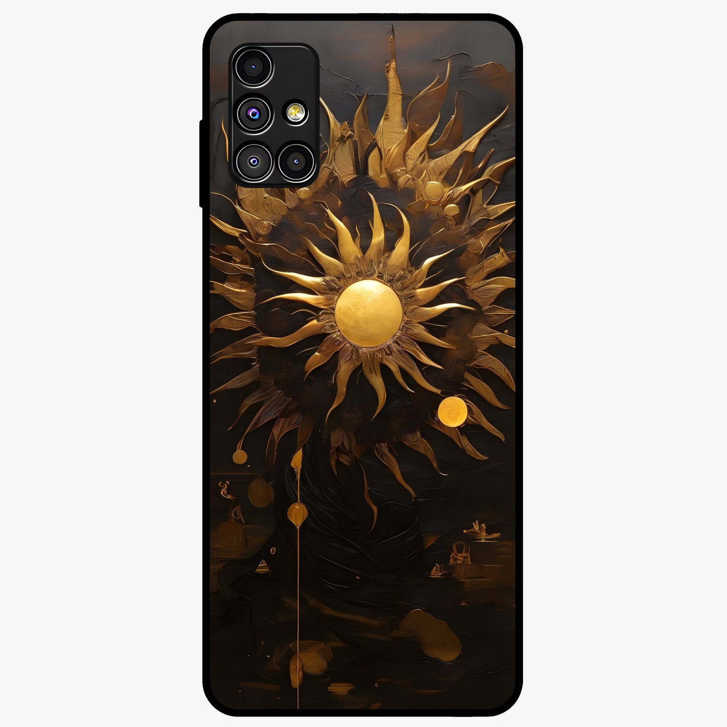 Golden Sun Majesty Glass Case showing flat back view with radiant golden sun artwork and glossy glass finish.