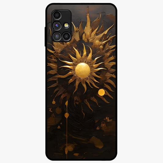Golden Sun Majesty Glass Case showing flat back view with radiant golden sun artwork and glossy glass finish.