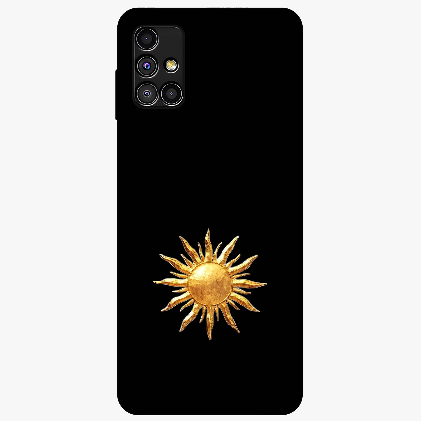 Golden Sun Minimalism Glass Case showing flat back view with minimal golden sun artwork and glossy glass finish.