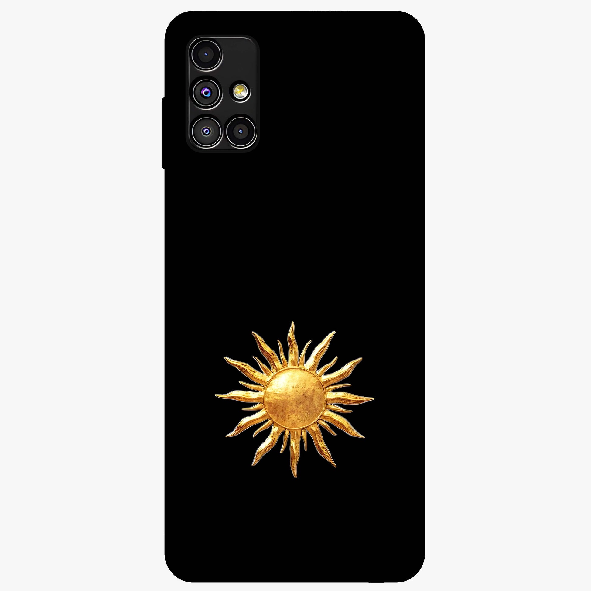 Golden Sun Minimalism Glass Case showing flat back view with minimal golden sun artwork and glossy glass finish.