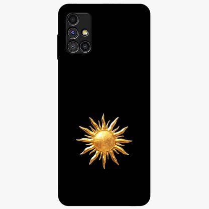 Golden Sun Minimalism Glass Case showing flat back view with minimal golden sun artwork and glossy glass finish.