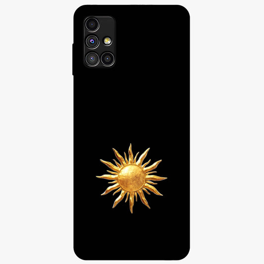 Golden Sun Minimalism Glass Case showing flat back view with minimal golden sun artwork and glossy glass finish.