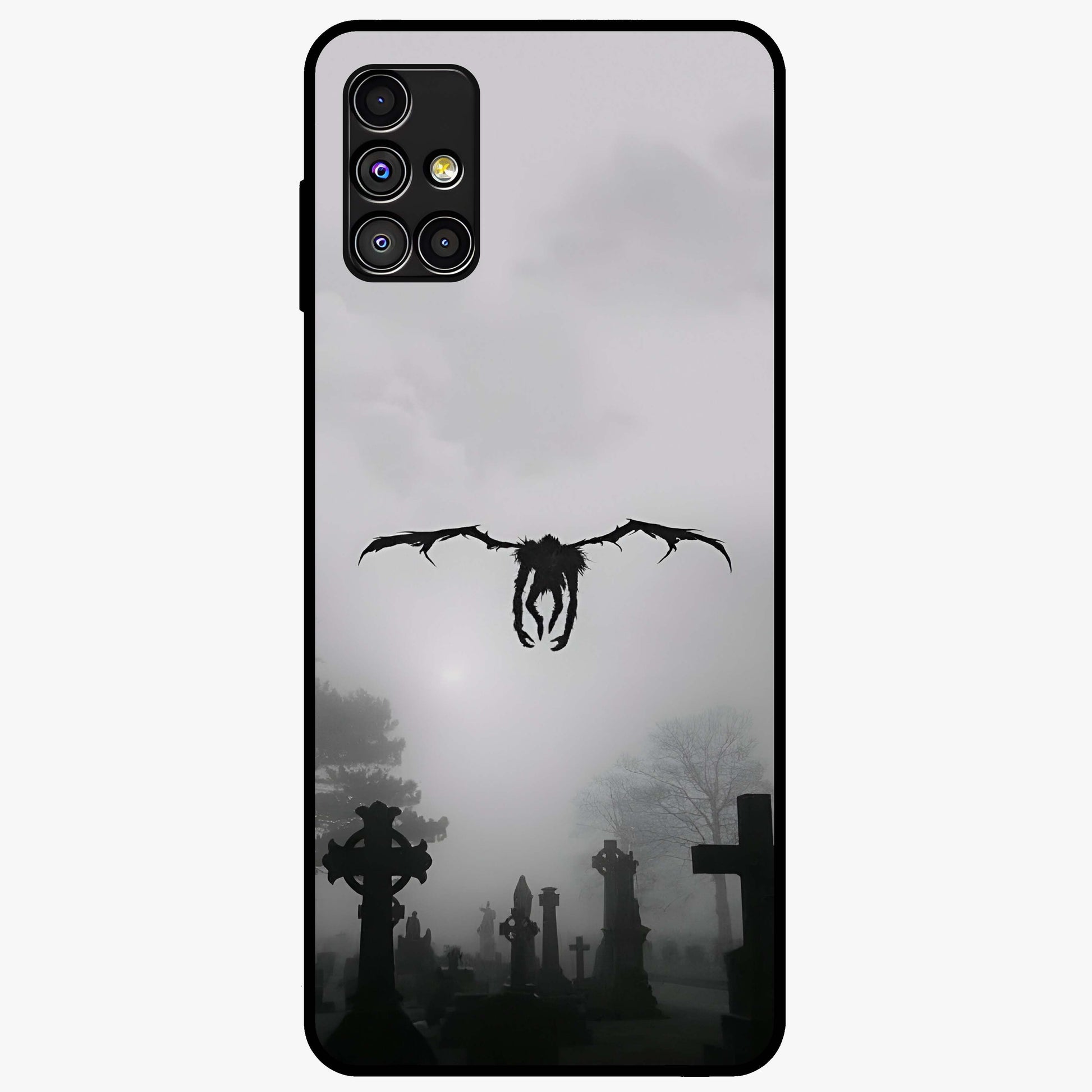 Graveyard Shadow Descent Glass Case showing flat back view with dark graveyard themed artwork and glossy glass finish.