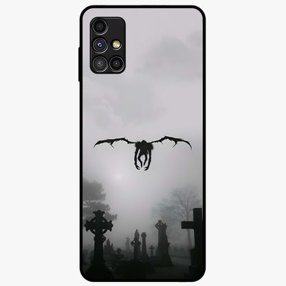 Graveyard Shadow Descent Glass Case showing flat back view with dark graveyard themed artwork and glossy glass finish.