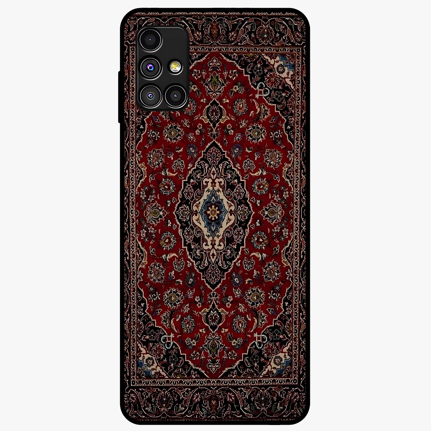 Heritage Carpet Royale Glass Case showing flat back view with ornate Persian carpet inspired pattern and glossy glass finish.