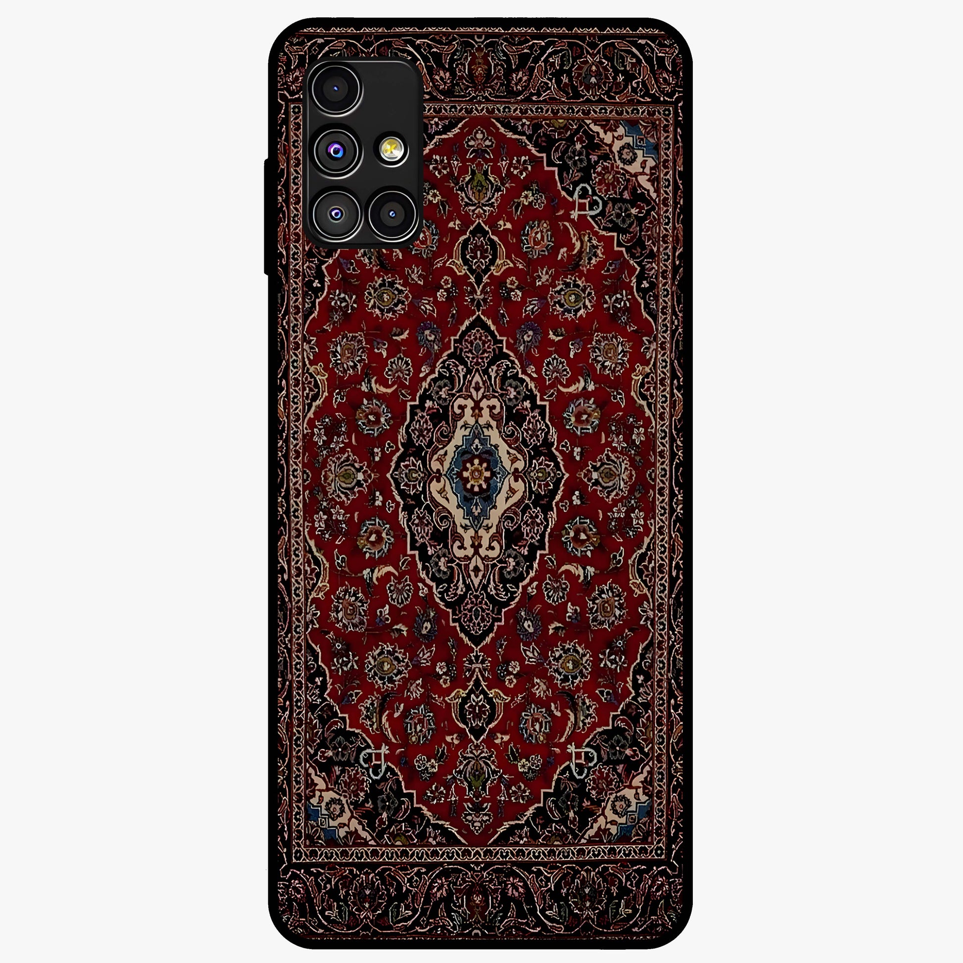 Heritage Carpet Royale Glass Case showing flat back view with ornate Persian carpet inspired pattern and glossy glass finish.