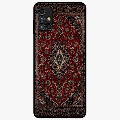 Heritage Carpet Royale Glass Case showing flat back view with ornate Persian carpet inspired pattern and glossy glass finish.