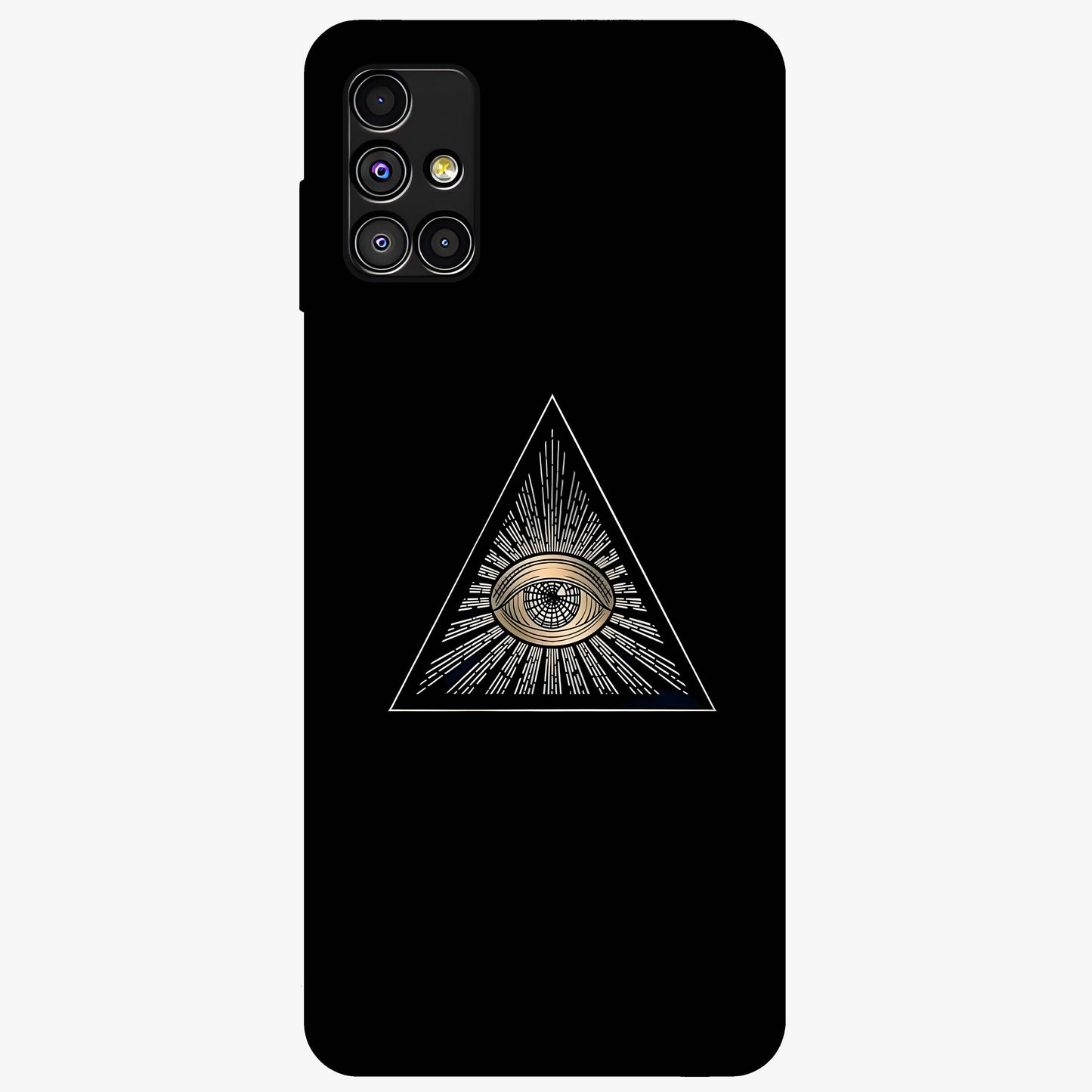 Illuminati Evil Glass Case showing flat back view with mysterious illuminati symbol artwork and glossy glass finish.