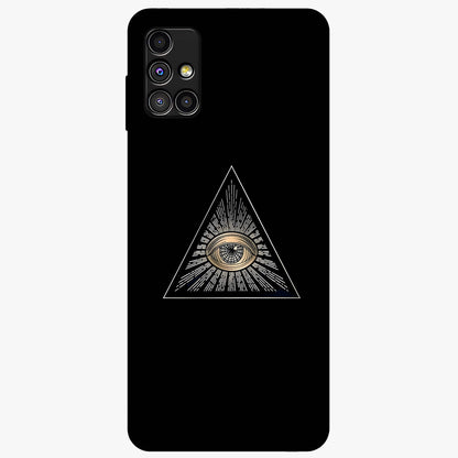 Illuminati Evil Glass Case showing flat back view with mysterious illuminati symbol artwork and glossy glass finish.