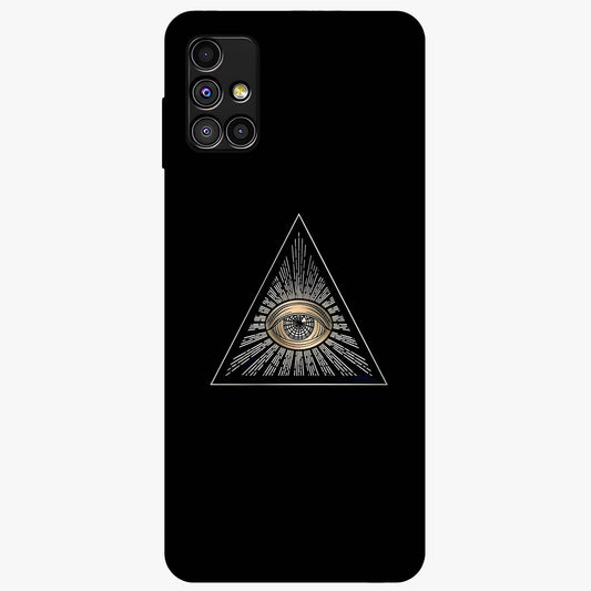 Illuminati Evil Glass Case showing flat back view with mysterious illuminati symbol artwork and glossy glass finish.