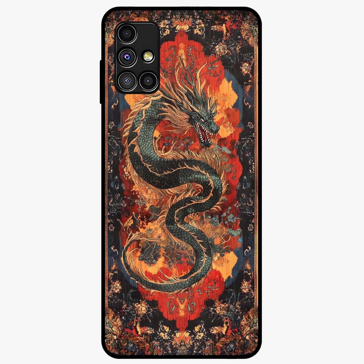 Inferno Dragon Soul Glass Case showing flat back view with fiery dragon artwork and glossy glass finish.