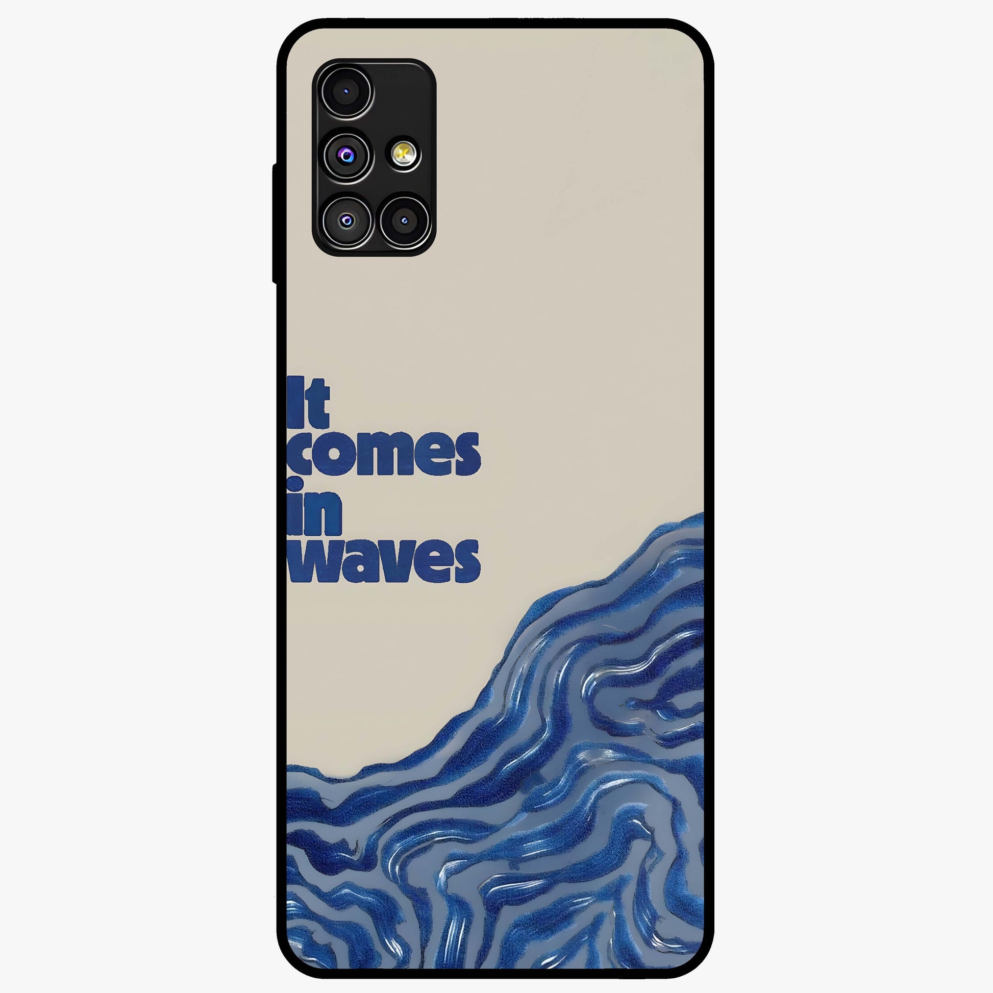 It Comes In Waves Quote Glass Case showing flat back view with inspirational wave themed quote artwork and glossy glass finish.