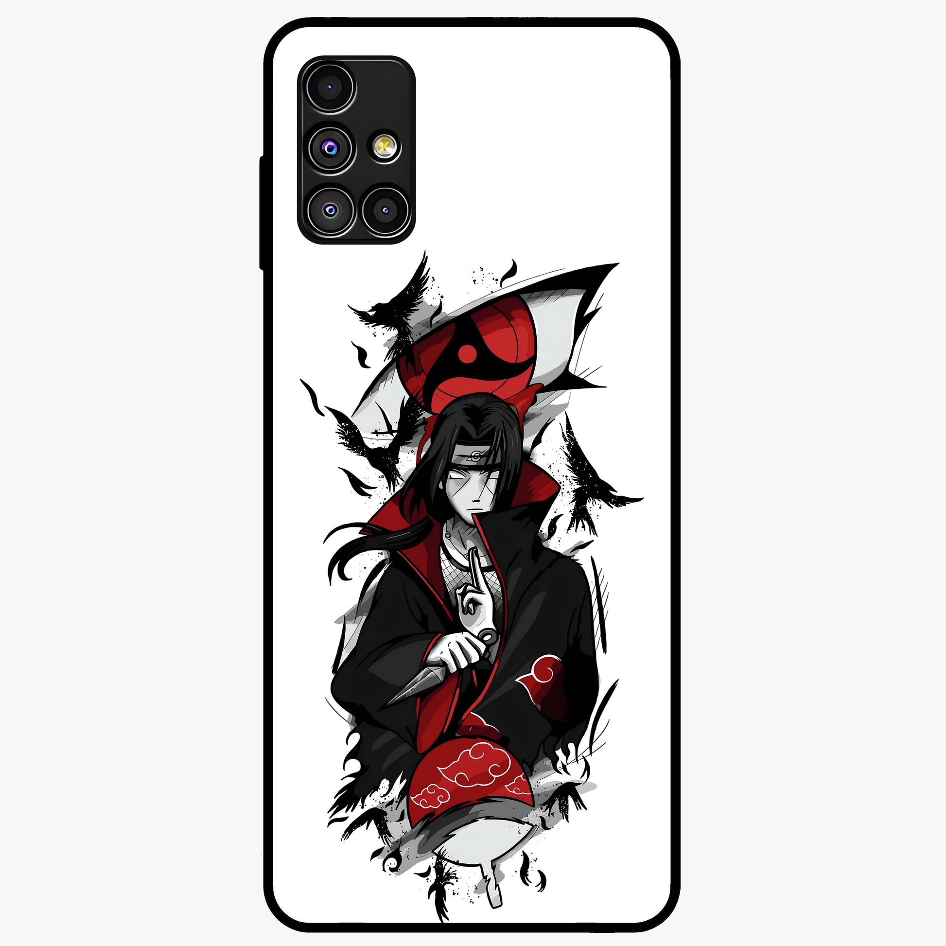 Itachi Sharingan Glass Case showing flat back view with powerful anime eye artwork and glossy glass finish.