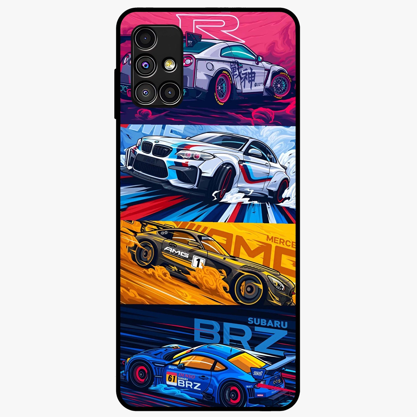 JDM Sports Car Glass Case showing flat back view with high performance sports car artwork and glossy glass finish.