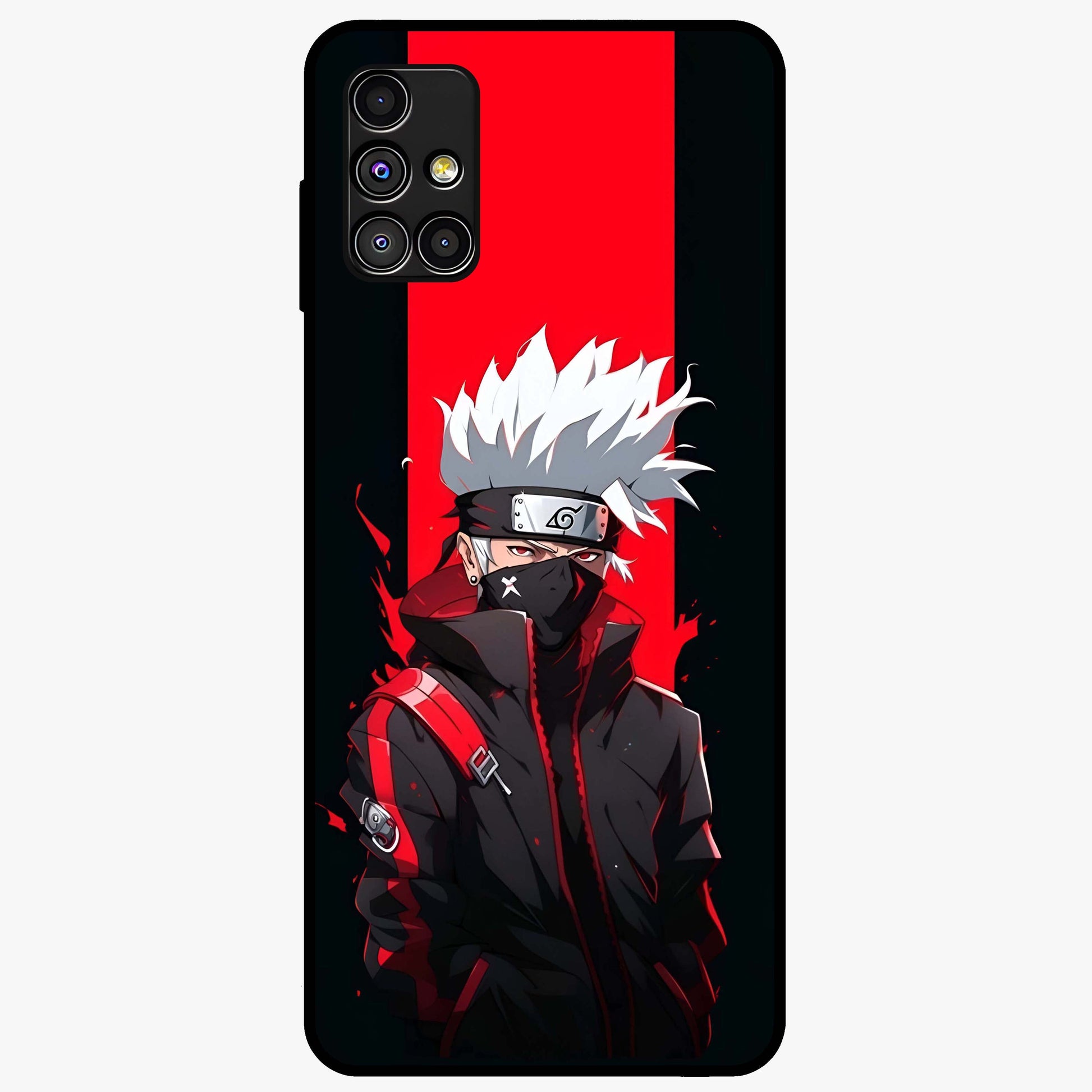 Kakashi Scarlet Shadow Glass Case showing flat back view with powerful anime ninja artwork and glossy glass finish.
