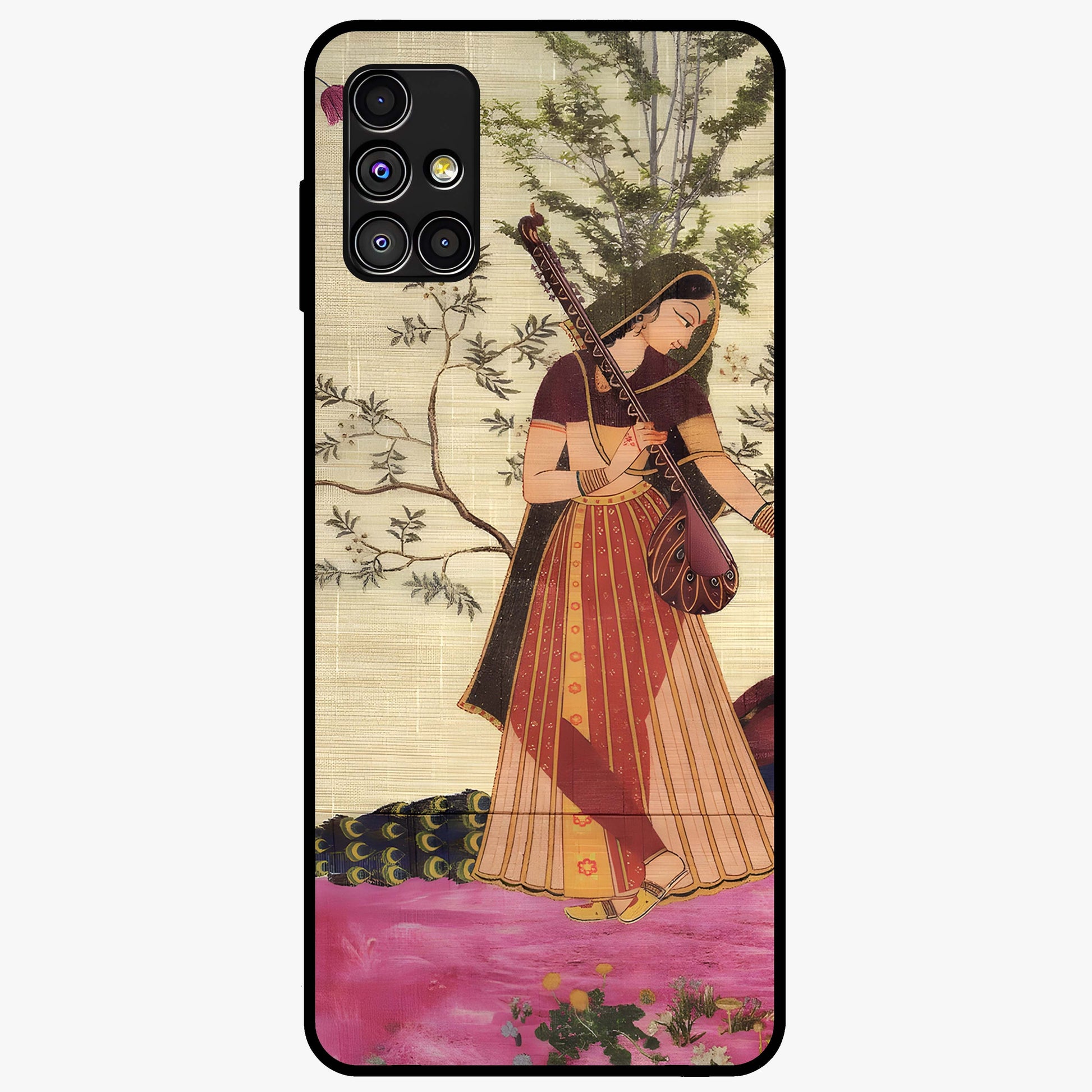 Lady With Veena Art Glass Case showing flat back view with elegant woman playing veena artwork and glossy glass finish.