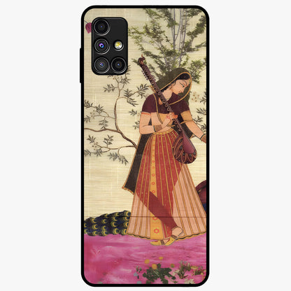 Lady With Veena Art Glass Case showing flat back view with elegant woman playing veena artwork and glossy glass finish.