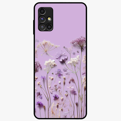 Lavender Blossom Dream Glass Case showing flat back view with soft lavender floral artwork and glossy glass finish.