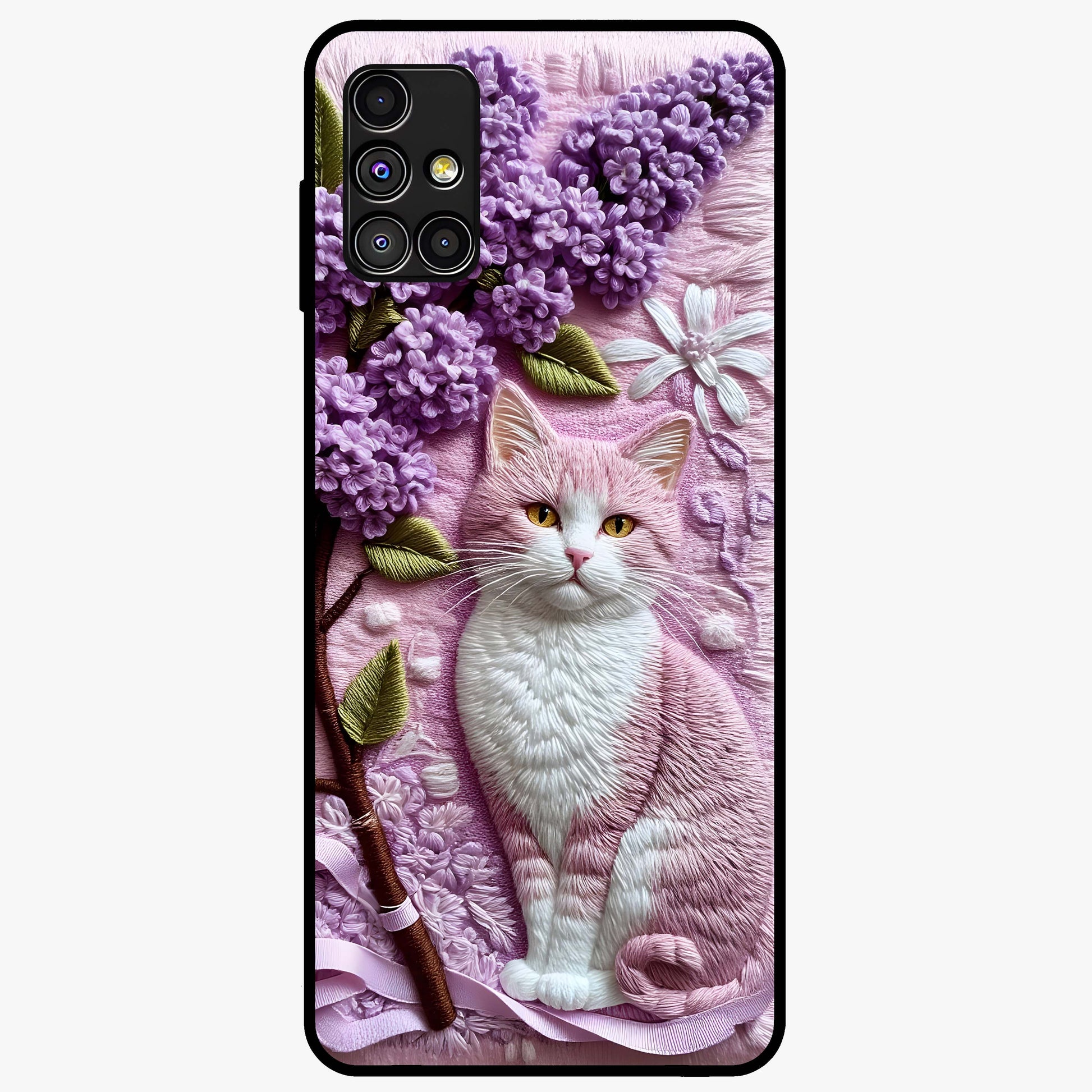 Lavender Cat Whimsy Glass Case showing flat back view with cute lavender cat artwork and glossy glass finish.