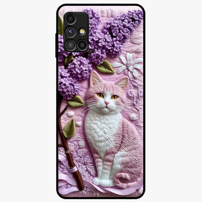 Lavender Cat Whimsy Glass Case showing flat back view with cute lavender cat artwork and glossy glass finish.