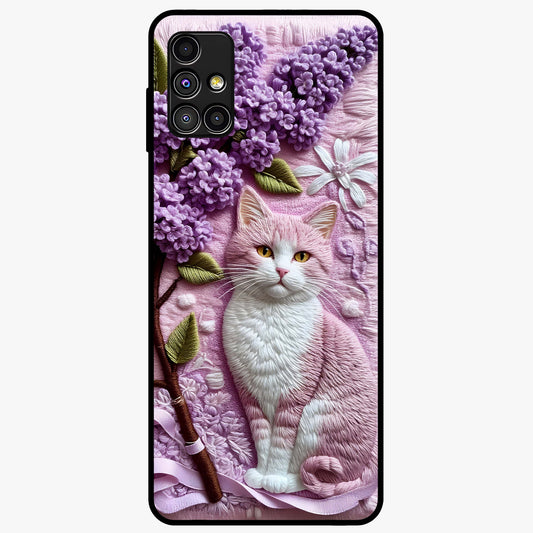 Lavender Cat Whimsy Glass Case showing flat back view with cute lavender cat artwork and glossy glass finish.