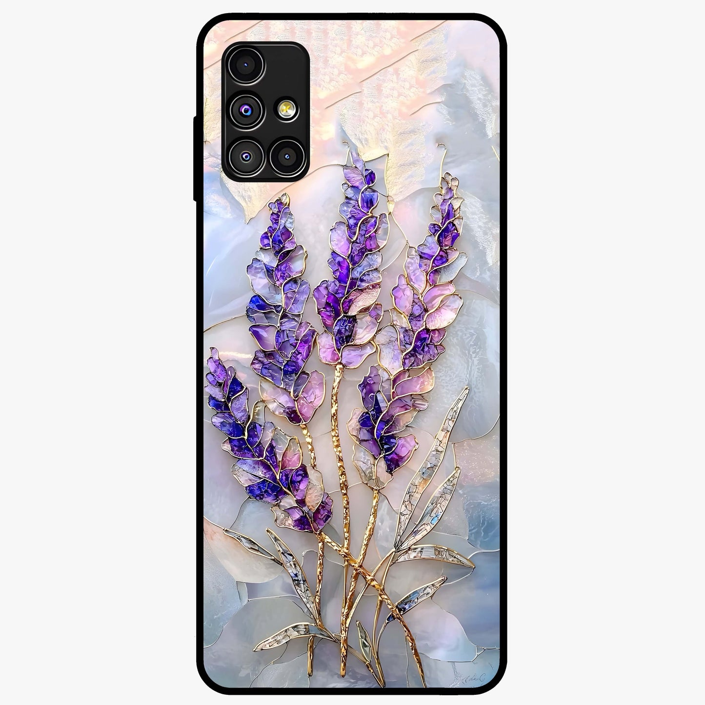 Lavender Dream Glow Glass Case showing flat back view with glowing lavender aesthetic artwork and glossy glass finish.