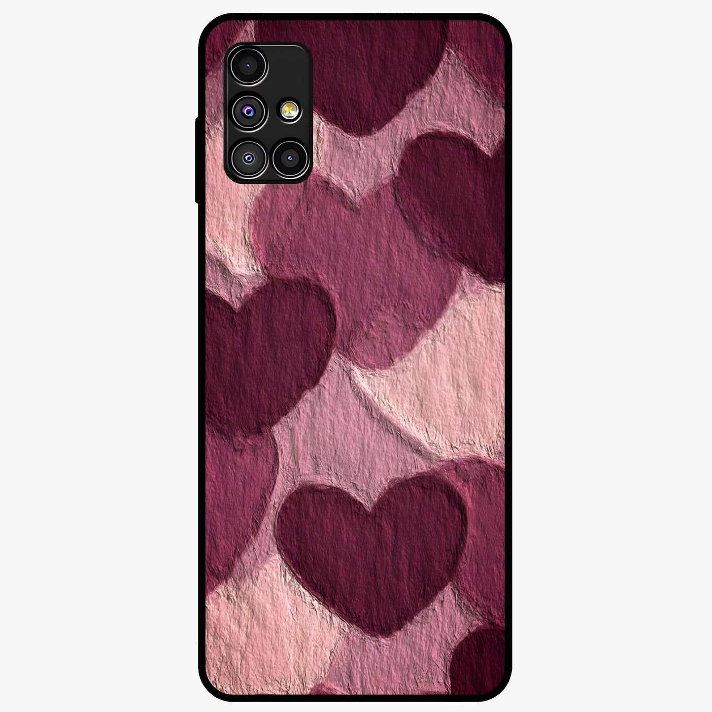 Layered Paper Hearts Glass Case showing flat back view with layered paper heart artwork and glossy glass finish.