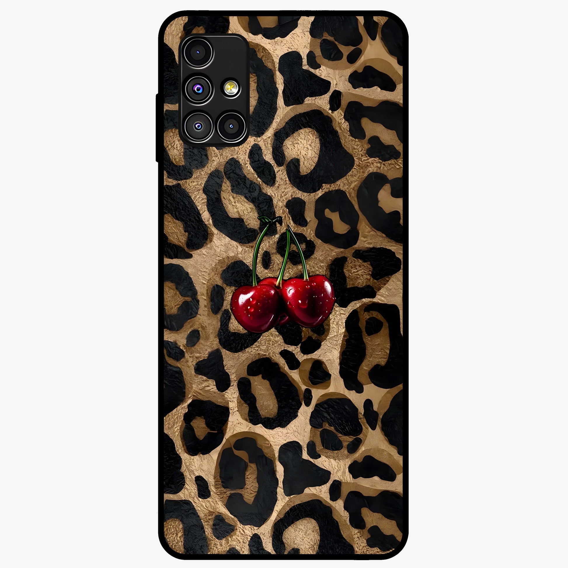 Leopard Wild Cherry Glass Case showing flat back view with leopard pattern and cherry artwork and glossy glass finish.