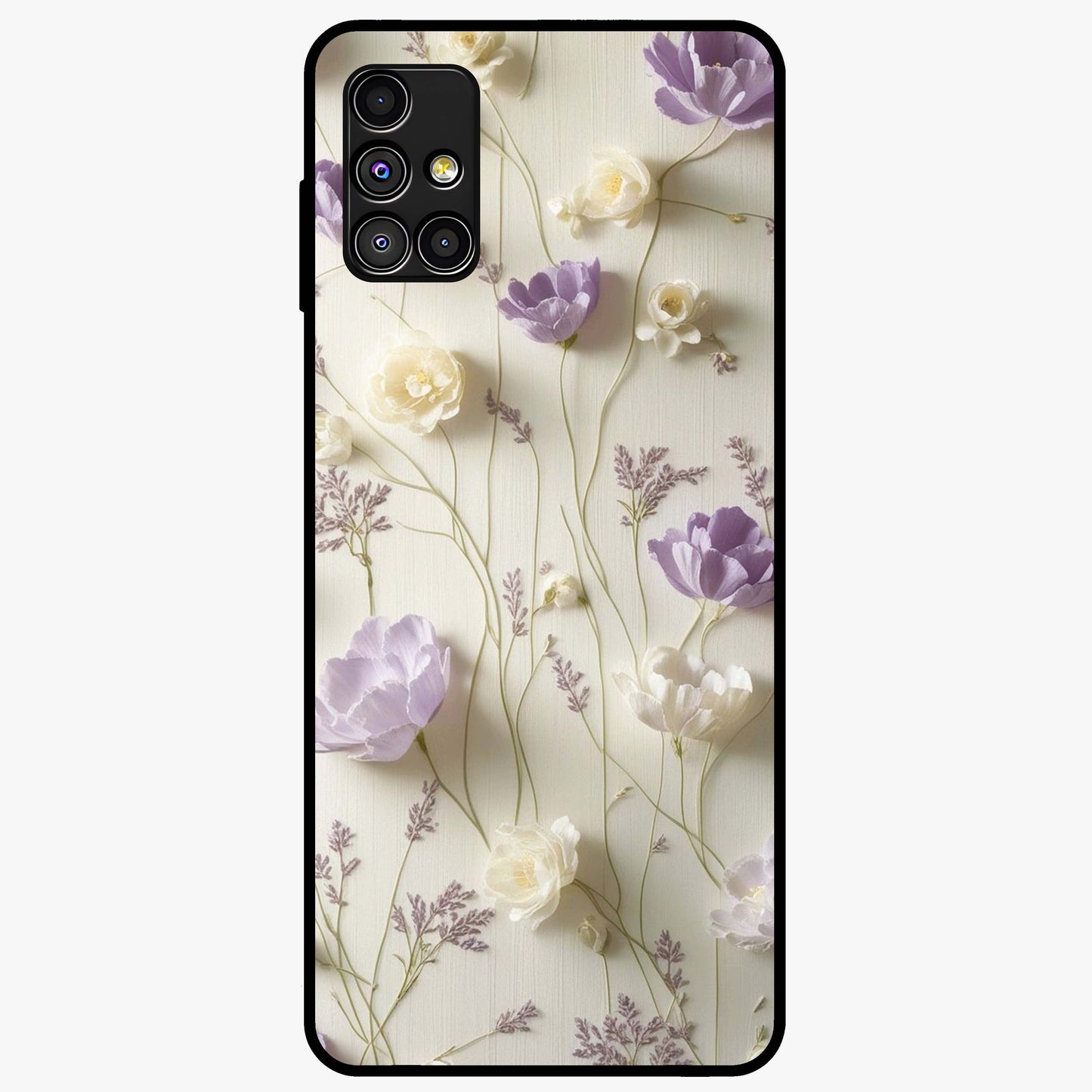 Lilac Breeze Harmony Glass Case showing flat back view with soft lilac themed artwork and glossy glass finish.