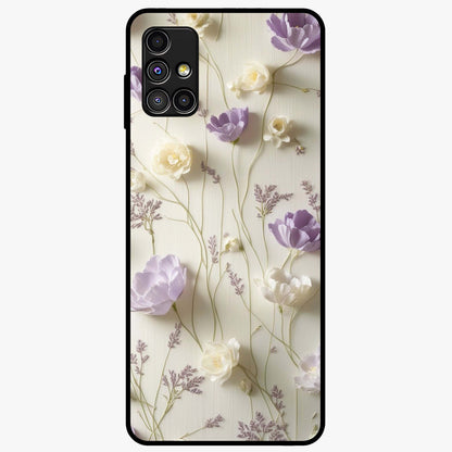 Lilac Breeze Harmony Glass Case showing flat back view with soft lilac themed artwork and glossy glass finish.