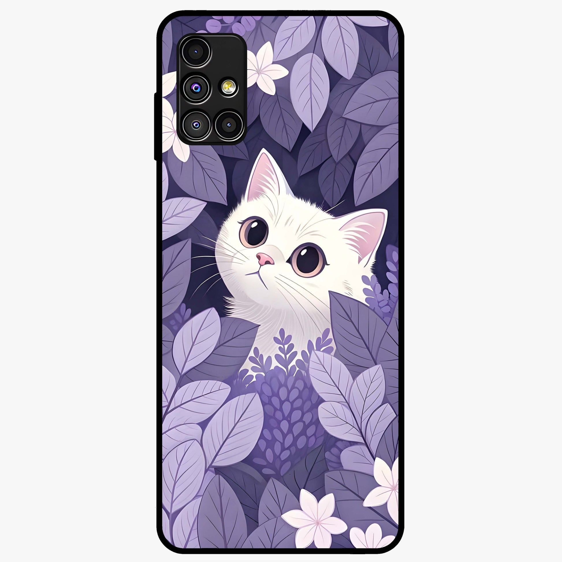 Lilac Hide Peek Cat Glass Case showing flat back view with cute peeking cat artwork and glossy glass finish.
