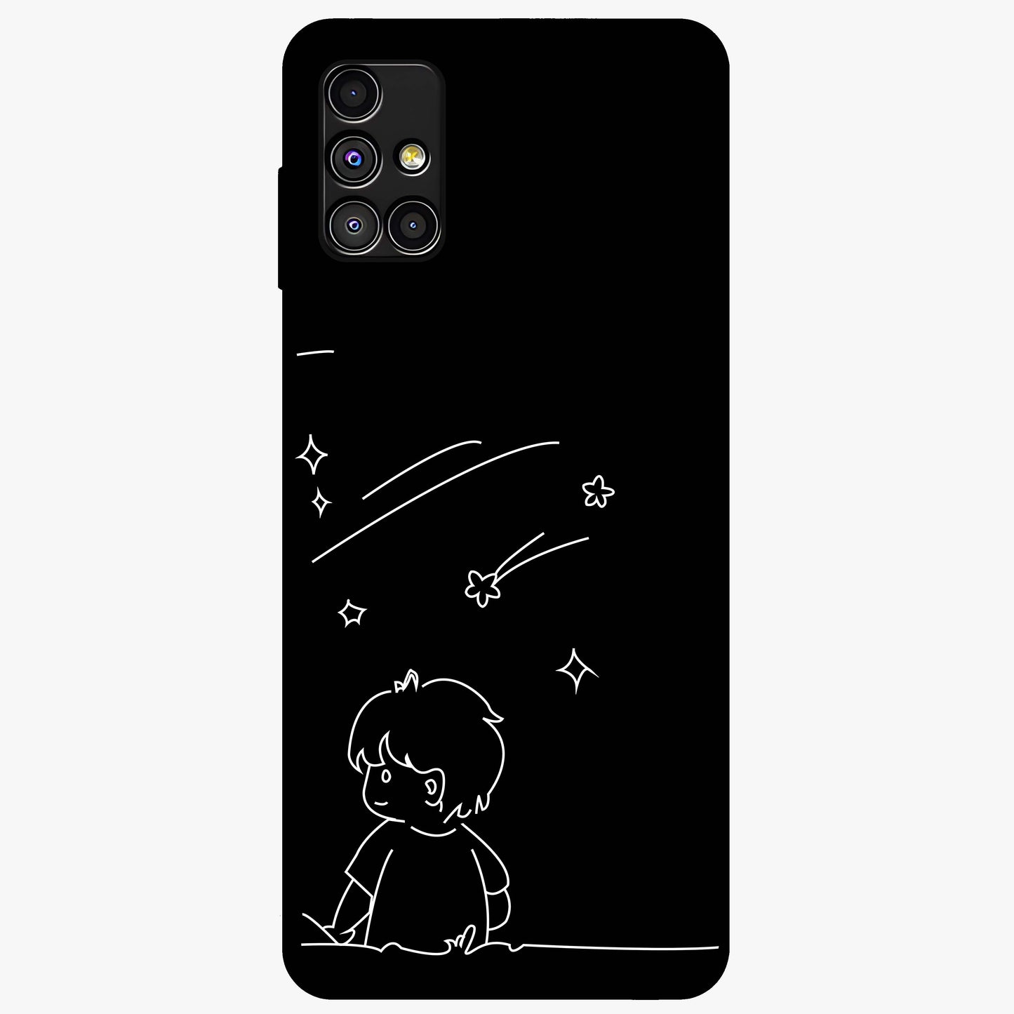 Line Art Boy With Shooting Stars Glass Case showing flat back view with minimal line art boy and shooting stars illustration and glossy glass finish.