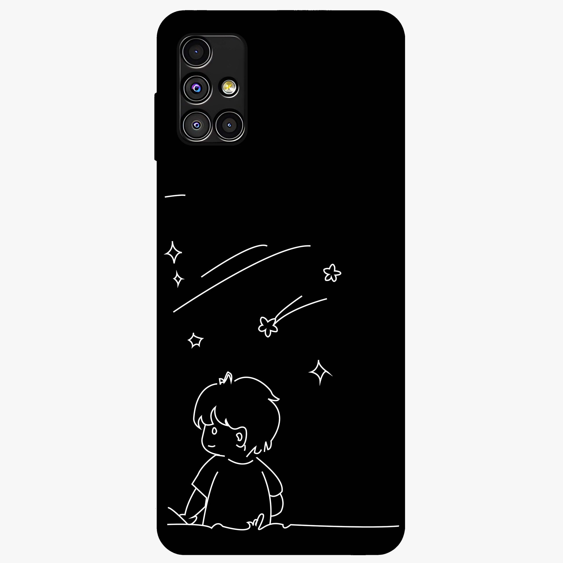 Line Art Boy With Shooting Stars Glass Case showing flat back view with minimal line art boy and shooting stars illustration and glossy glass finish.